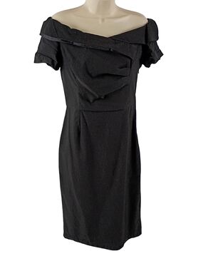 Off-Shoulder Black Midi Dress with Folded Bodice Detail